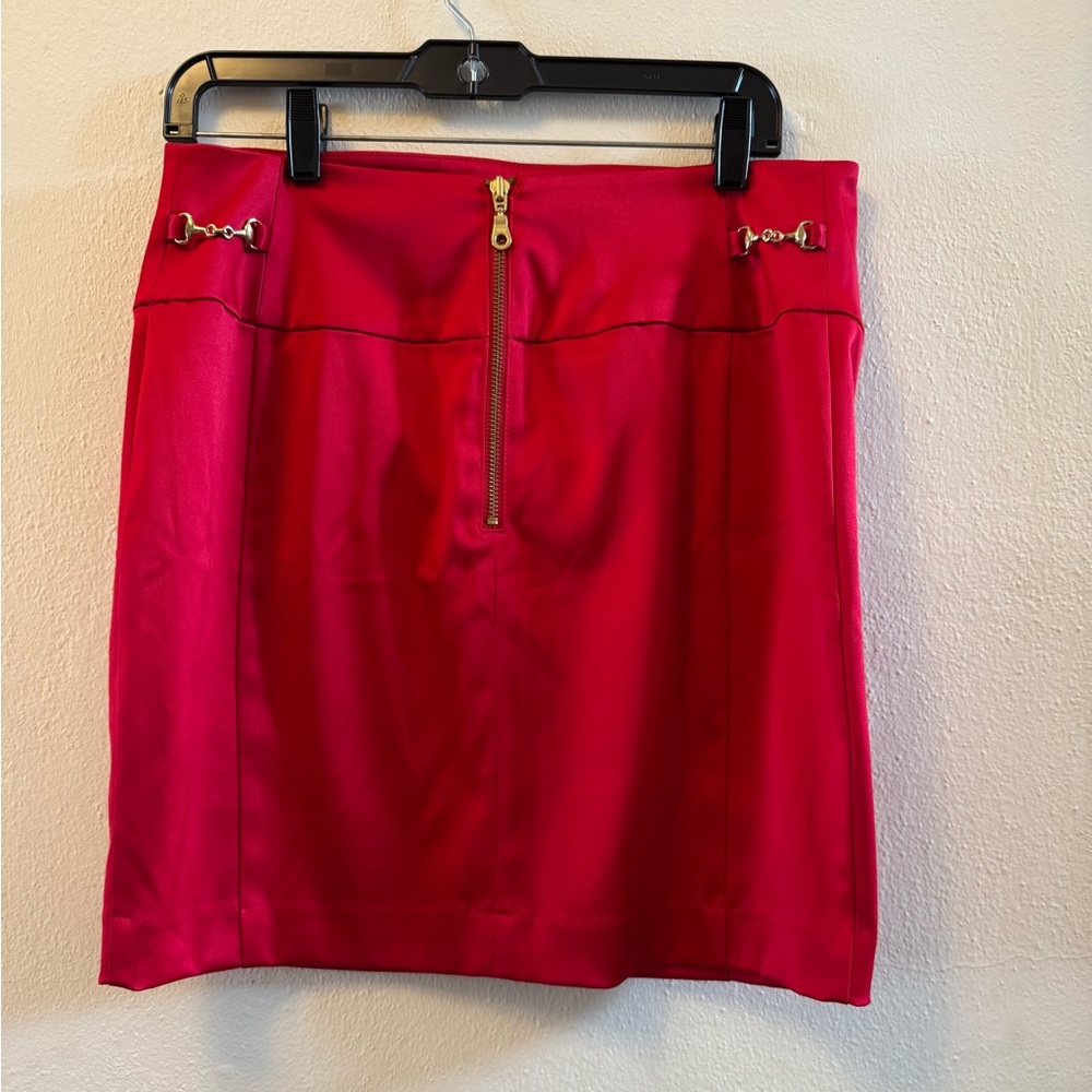 Express Vintage Red Satin Mini Skirt Gold Horsebit Front Zip Size 10